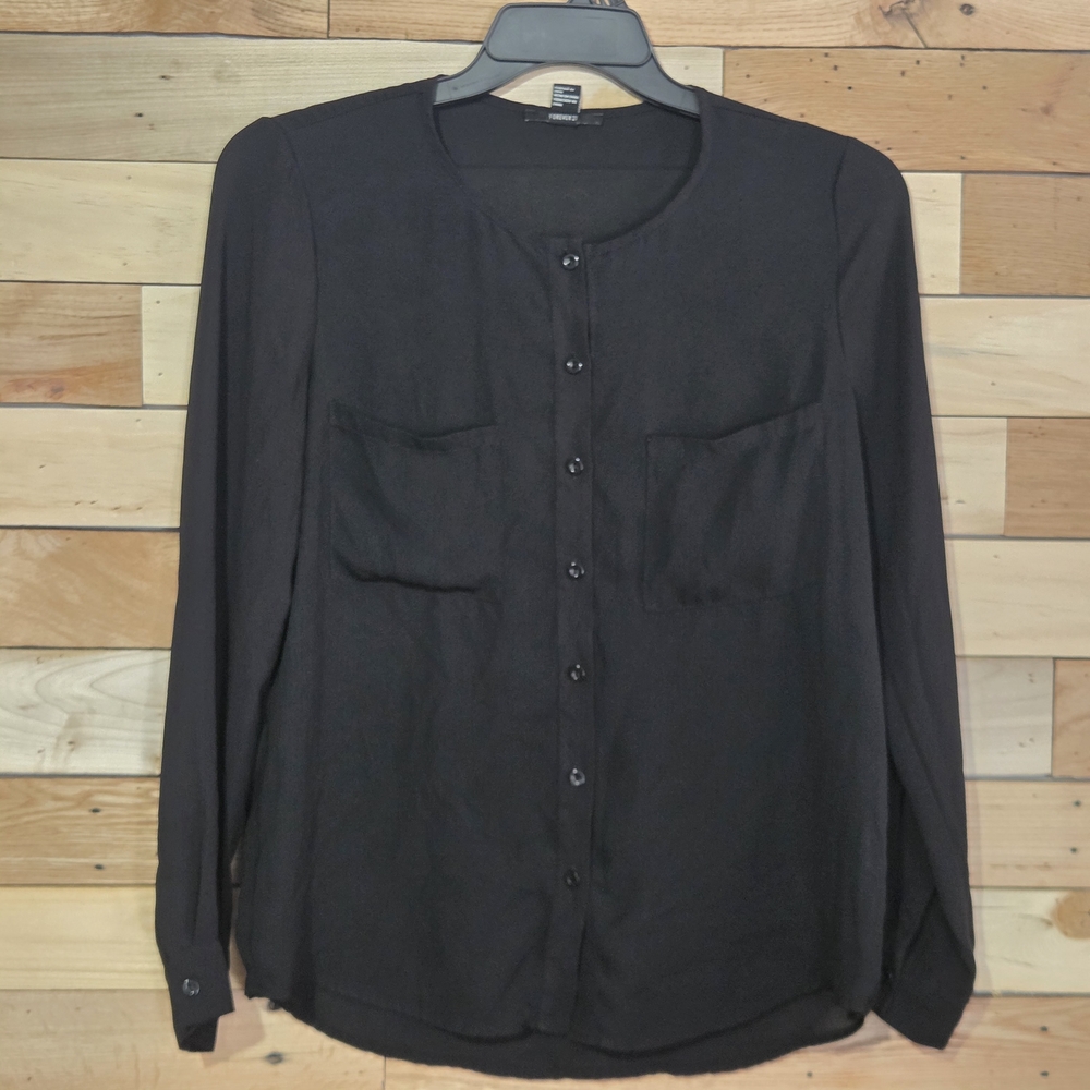 Black Button Front Blouse Women Long Sleeve Crew Neck Top Office Sz M